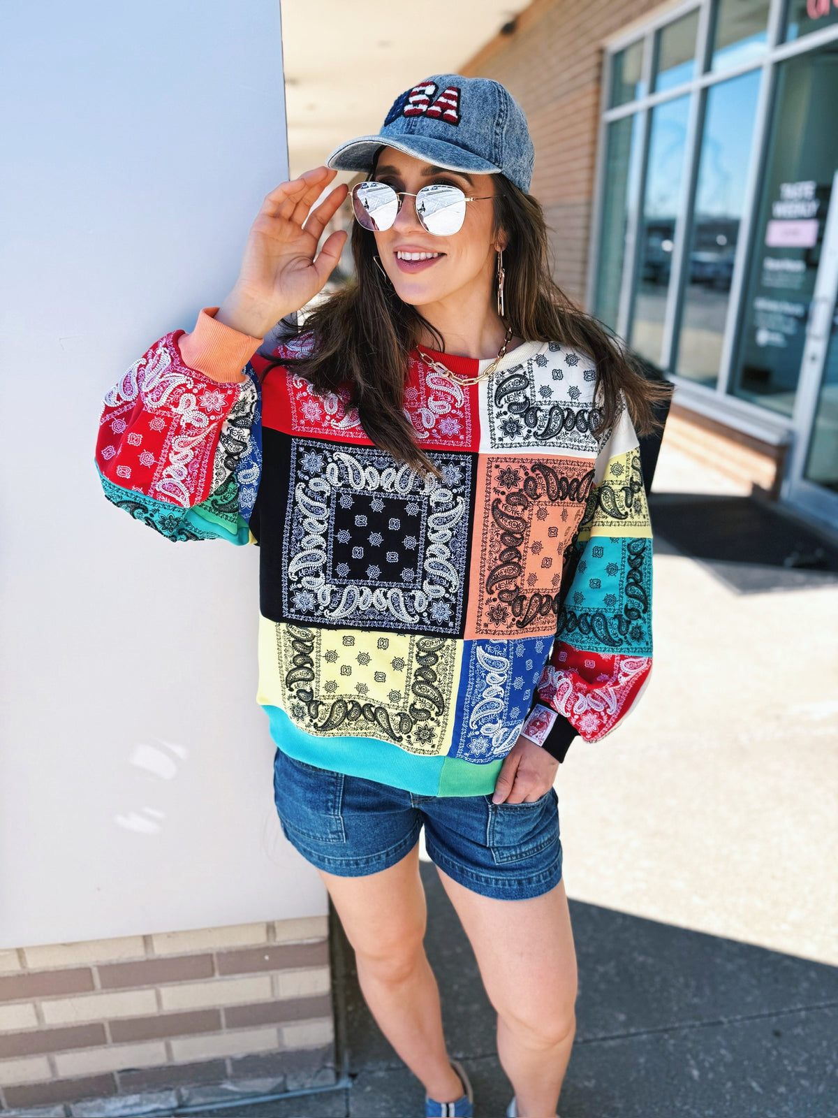 Queen of Sparkles Bandana Checkered & Beaded Women’s Sweatshirt - Amelia's Boutique