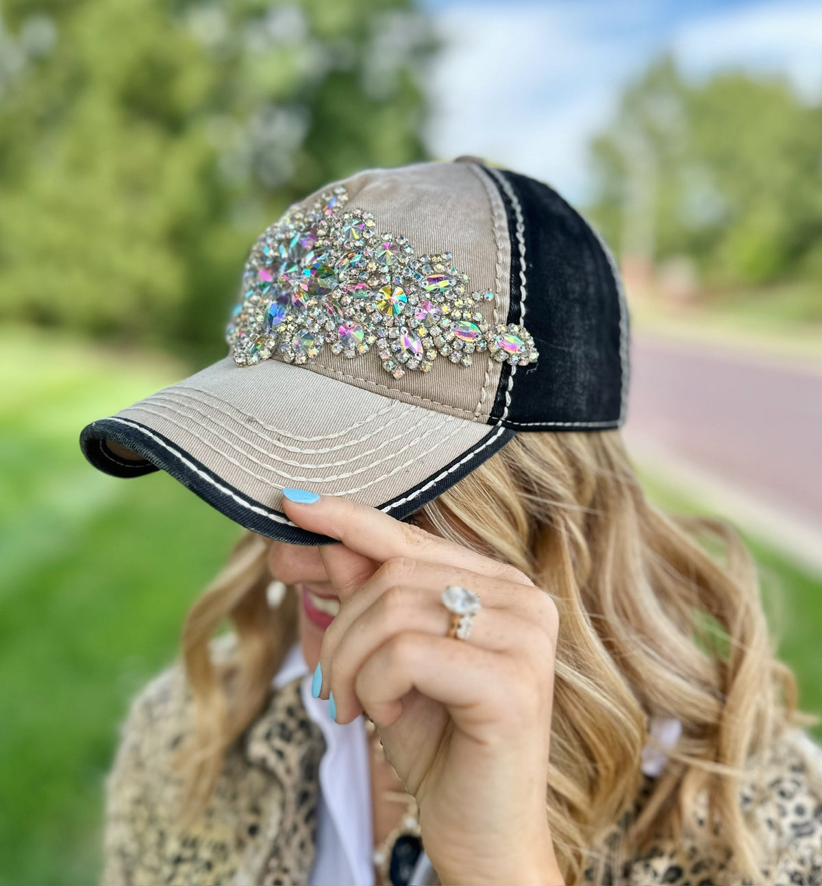 Jeweled Two-Tone Hat in Grey - Amelia's Boutique