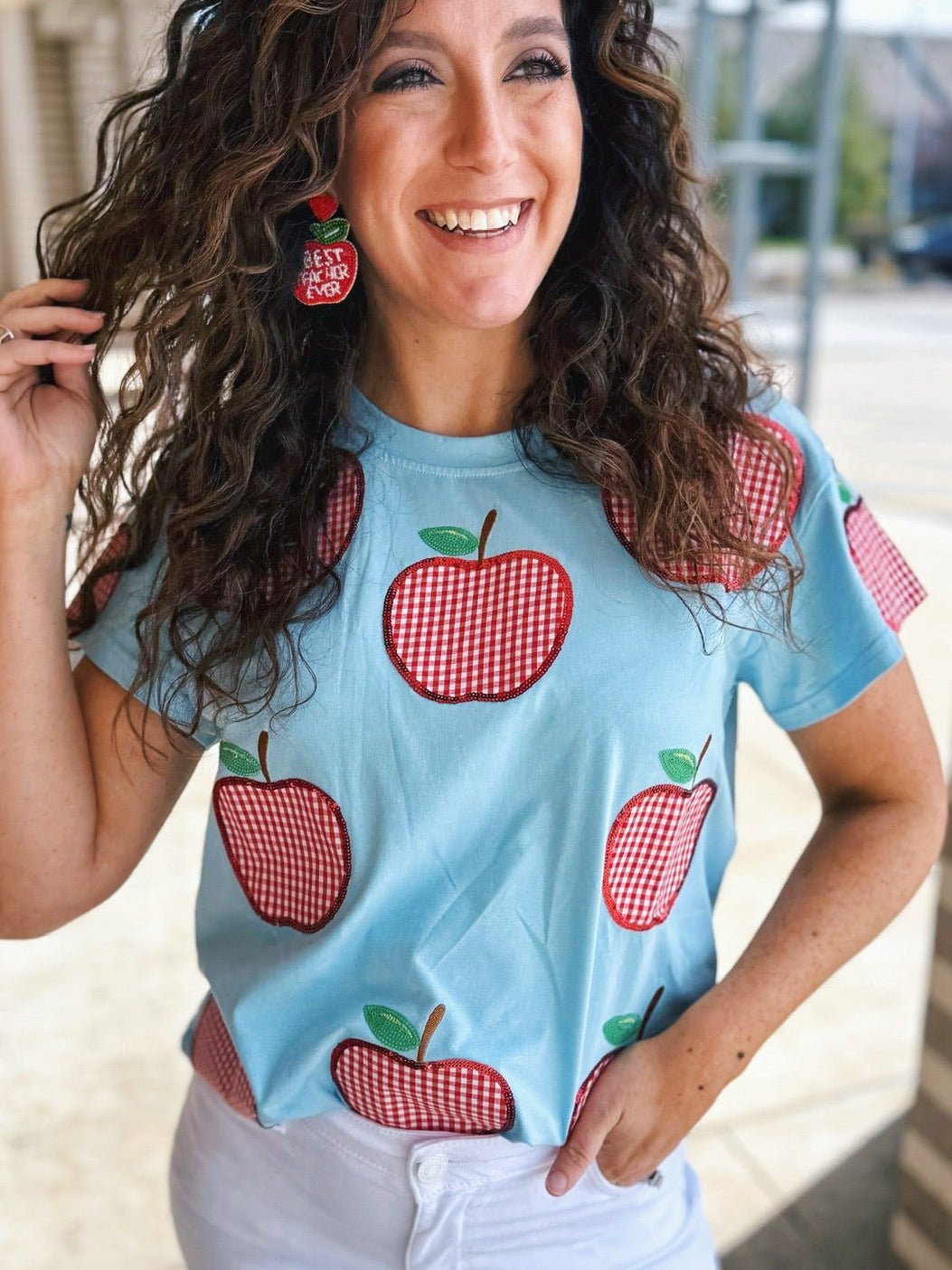 Queen of Sparkles Gingham Apple Women's Tee in Baby Blue - Amelia's Boutique