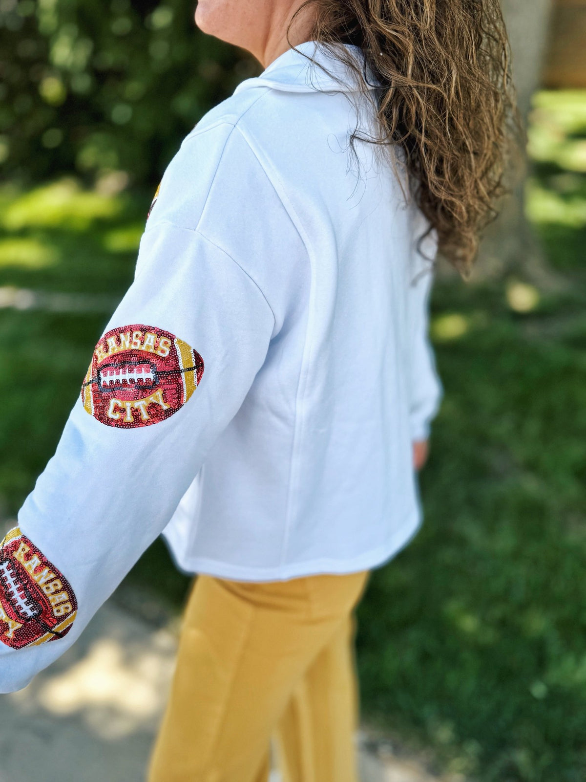 Scattered Kansas City Football Collared V Neck Sweatshirt - Queen of Sparkles x Amelia's Collab - Amelia's Boutique