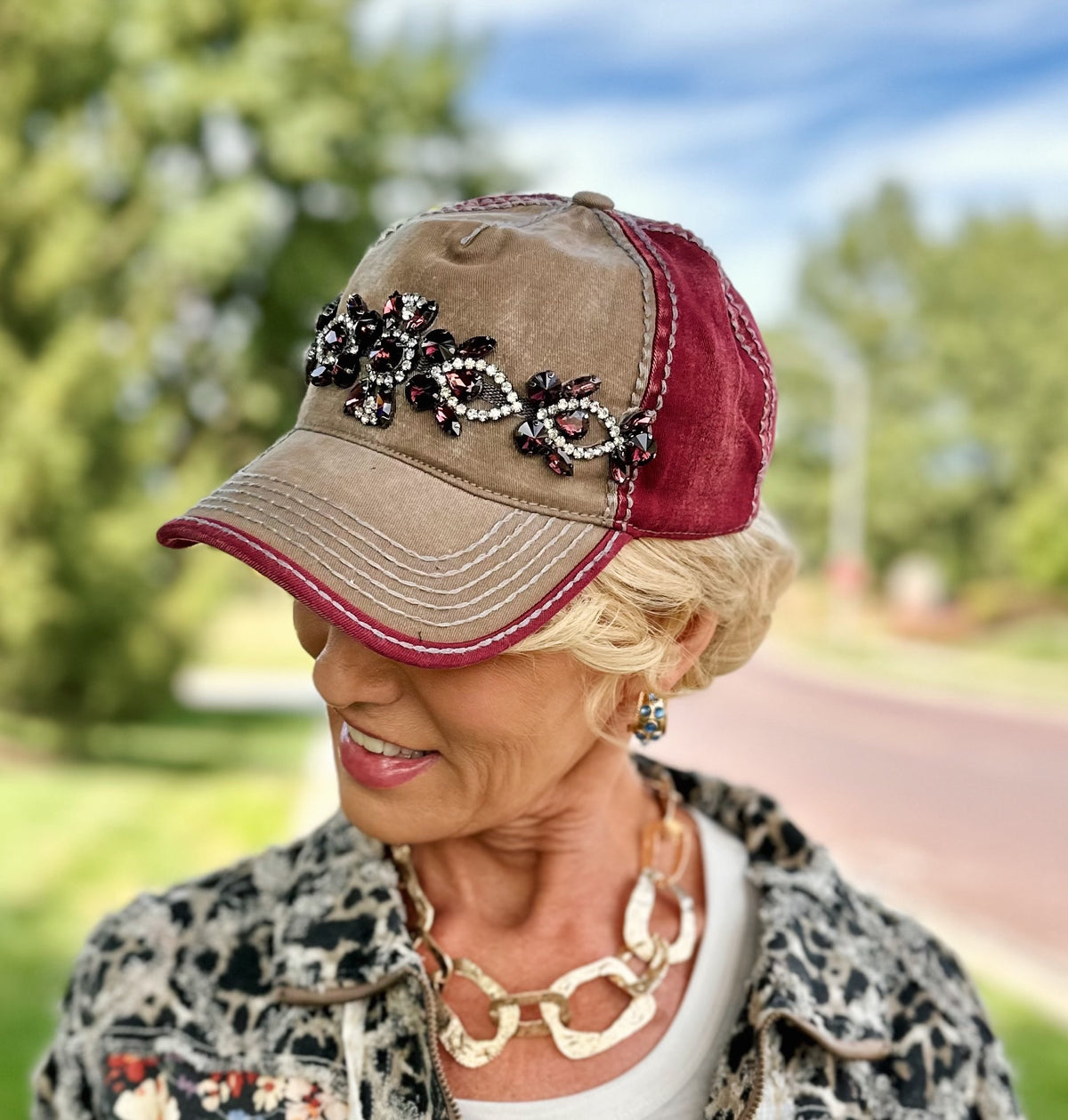 Jeweled Two-Tone Hat in Burgundy/Taupe - Amelia's Boutique