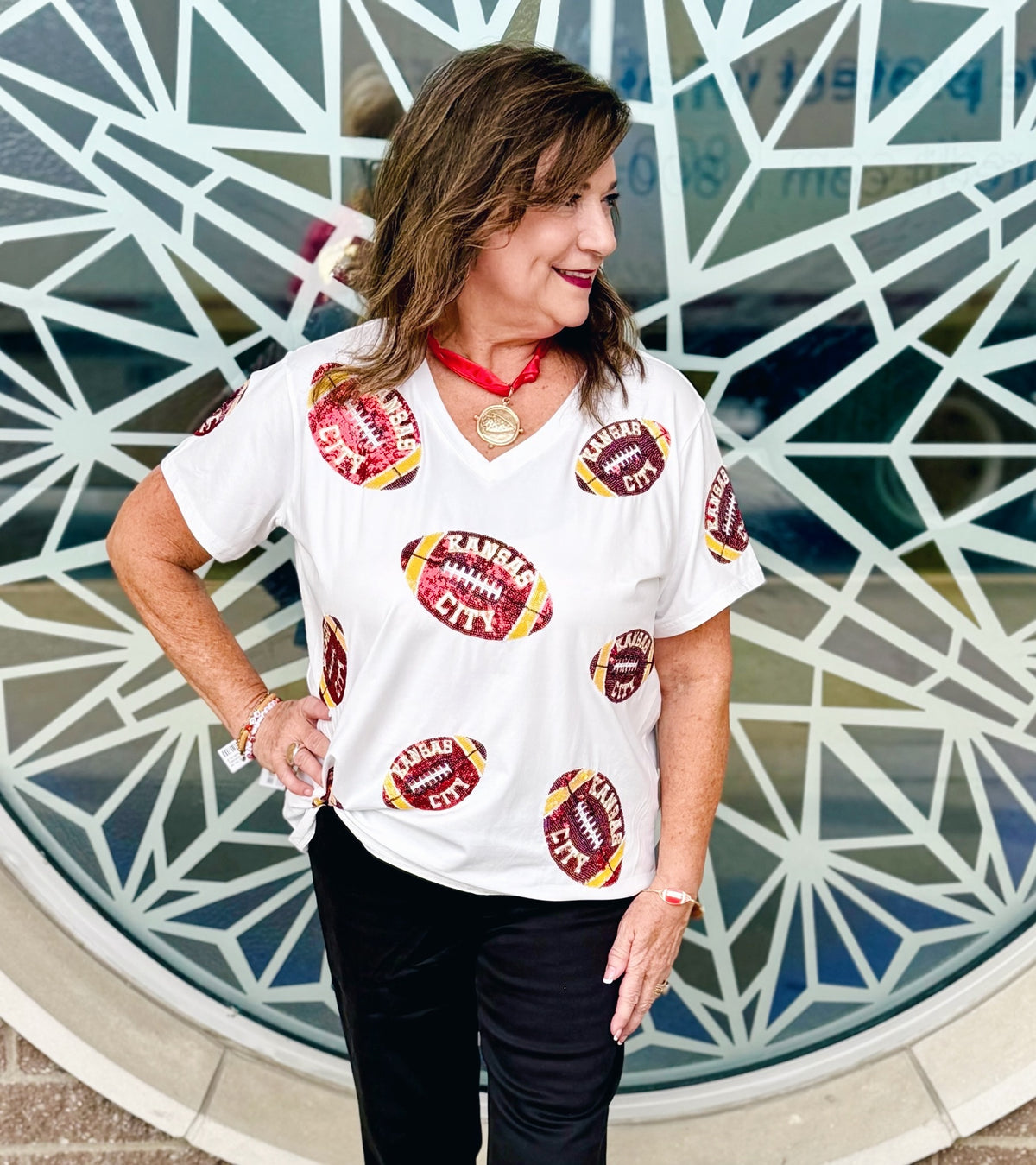 KC Scatter Football V Neck Tee - Queen of Sparkles x Amelia's Collab - Amelia's Boutique