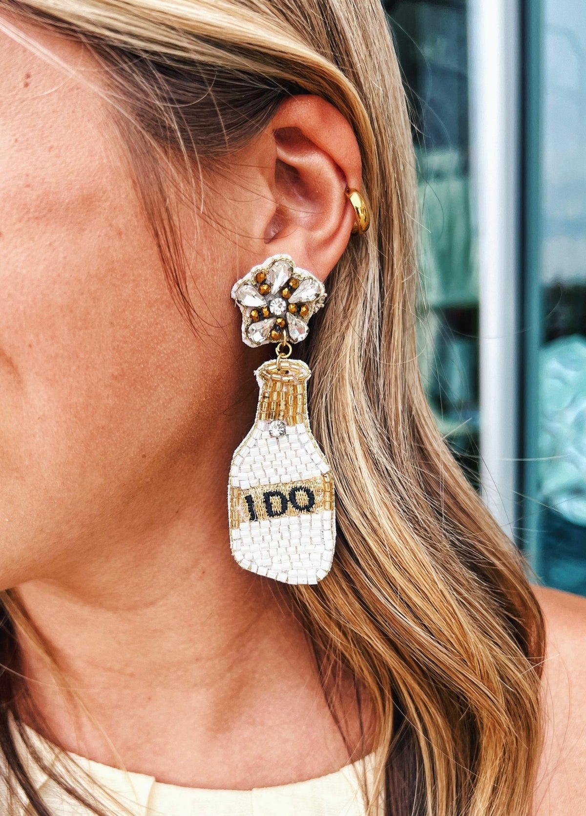 Bride "I Do" Champagne Bottle Earrings in White - Amelia's Boutique
