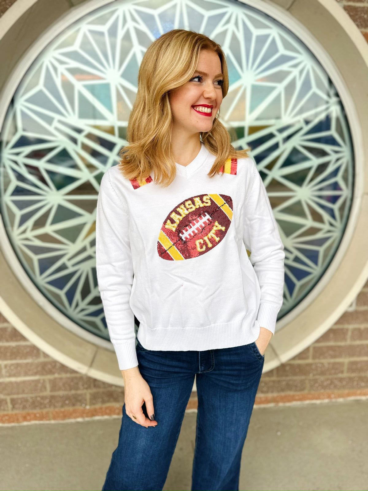 Kansas City Football V Neck Sweater - Queen of Sparkles x Amelia's Collab - Amelia's Boutique