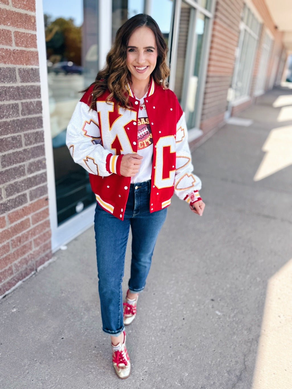 Queen of Sparkles x Amelia's Boutique Kansas City Varsity Bomber Jacket - Amelia's Boutique