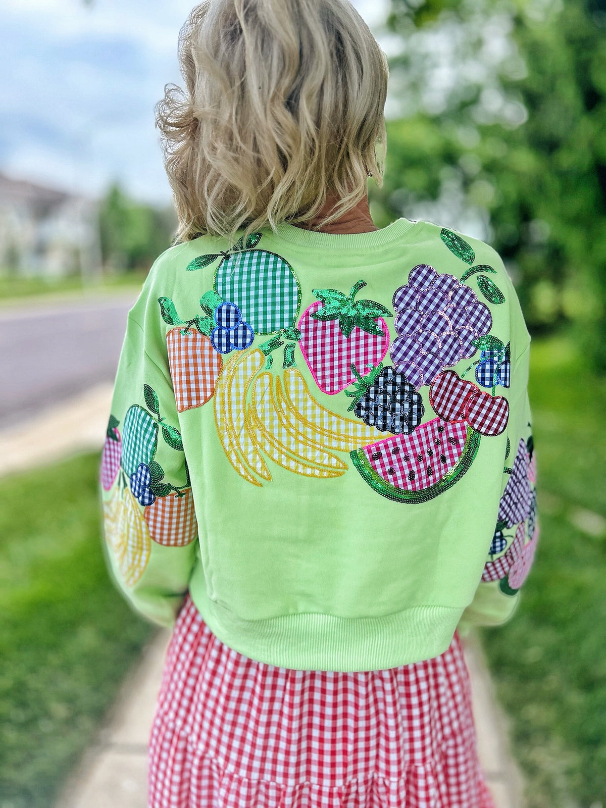 Queen of Sparkles Gingham Fruit Women’s Sweatshirt - Amelia's Boutique