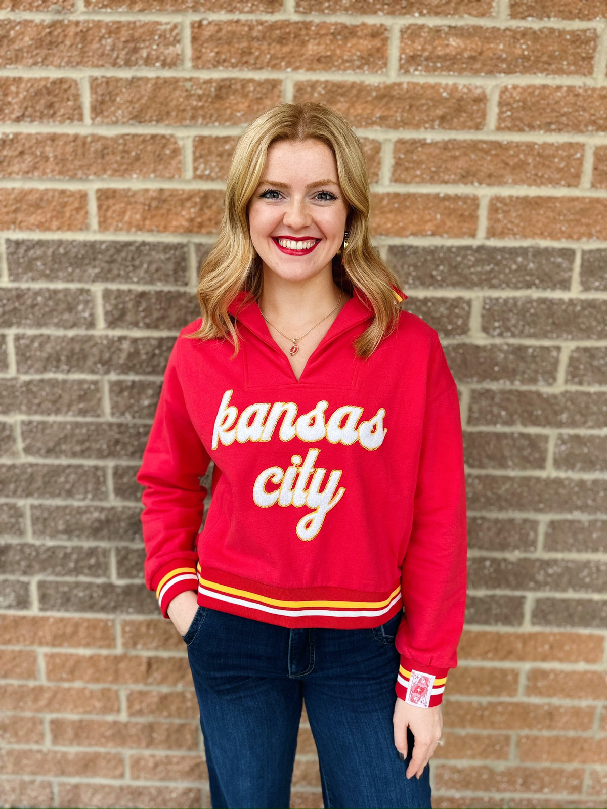 Queen of Sparkles X Amelia's Boutique - Fuzzy Kansas City Script Sweatshirt - Amelia's Boutique