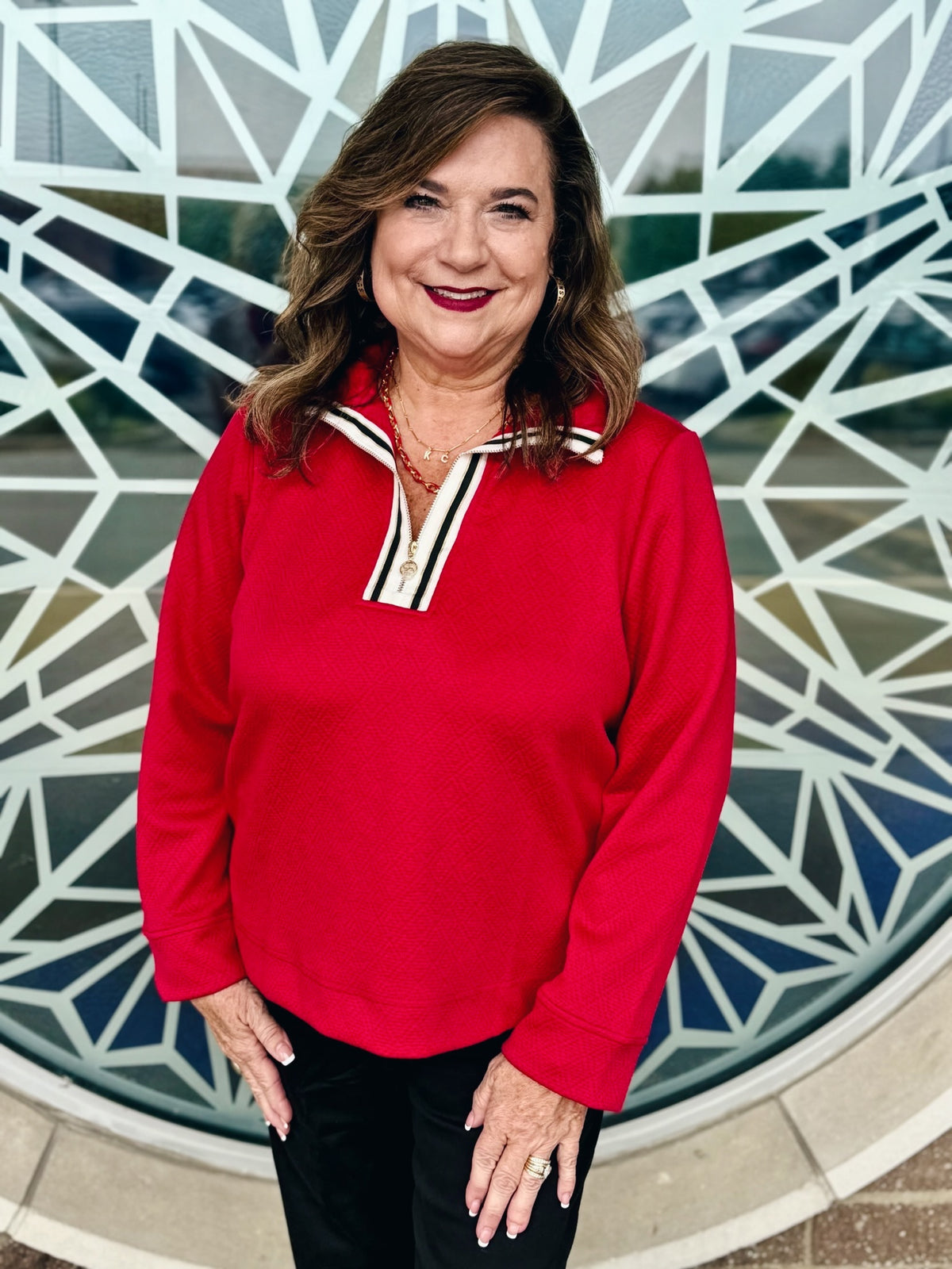 Half Zip Red Textured Long Sleeve Top - Amelia's Boutique