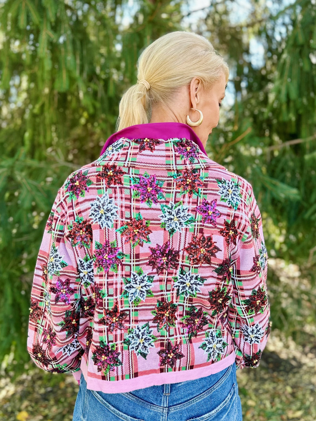 Queen of Sparkles Plaid Poinsettia Cardigan - Amelia's Boutique