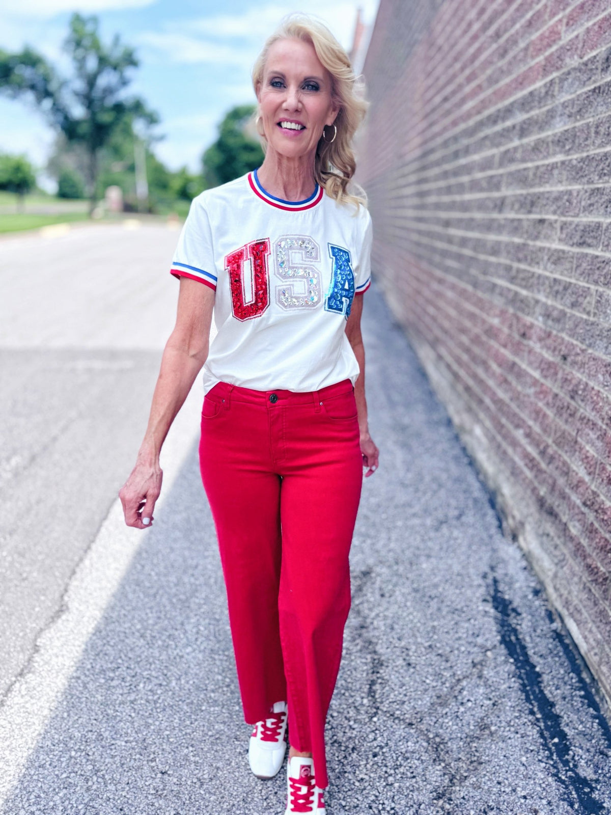 Queen of Sparkles x Amelia’s Boutique USA Sport Stripe Women’s Tee - Amelia's Boutique