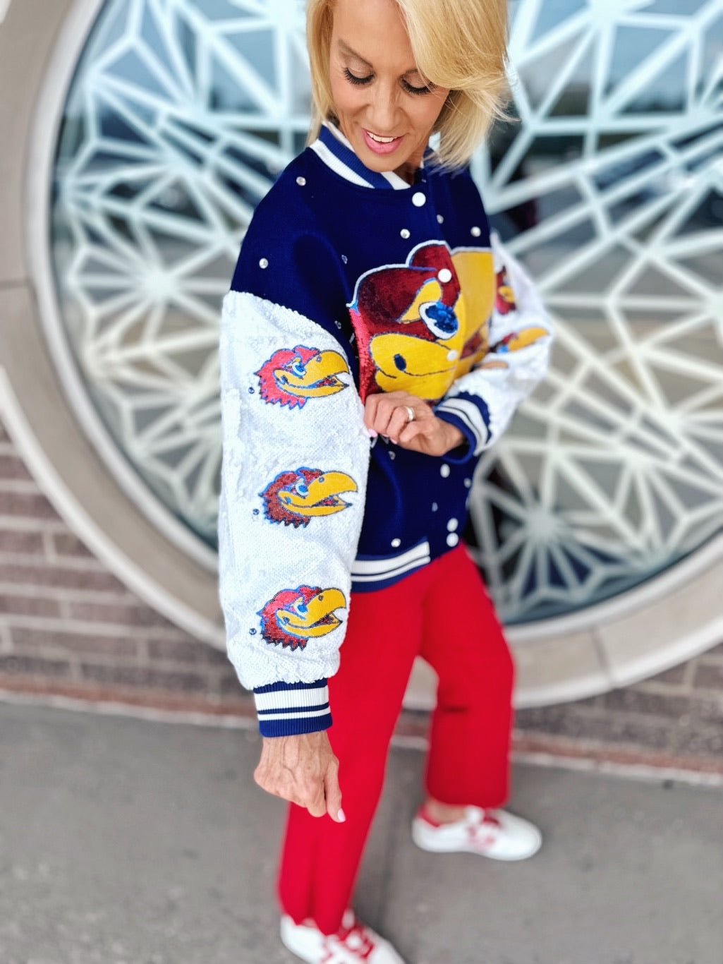 Queen of Sparkles KU (Kansas Univ.) Sequined Licensed Varsity Jacket - Amelia's Boutique