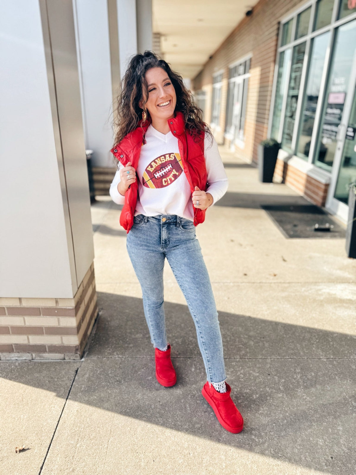 Kansas City Football V Neck Sweater - Queen of Sparkles x Amelia's Collab - Amelia's Boutique