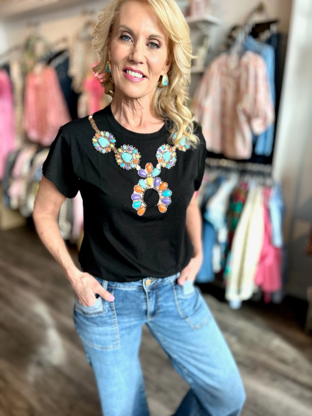 Queen of Sparkles Turquoise Necklace Tee - Amelia's Boutique