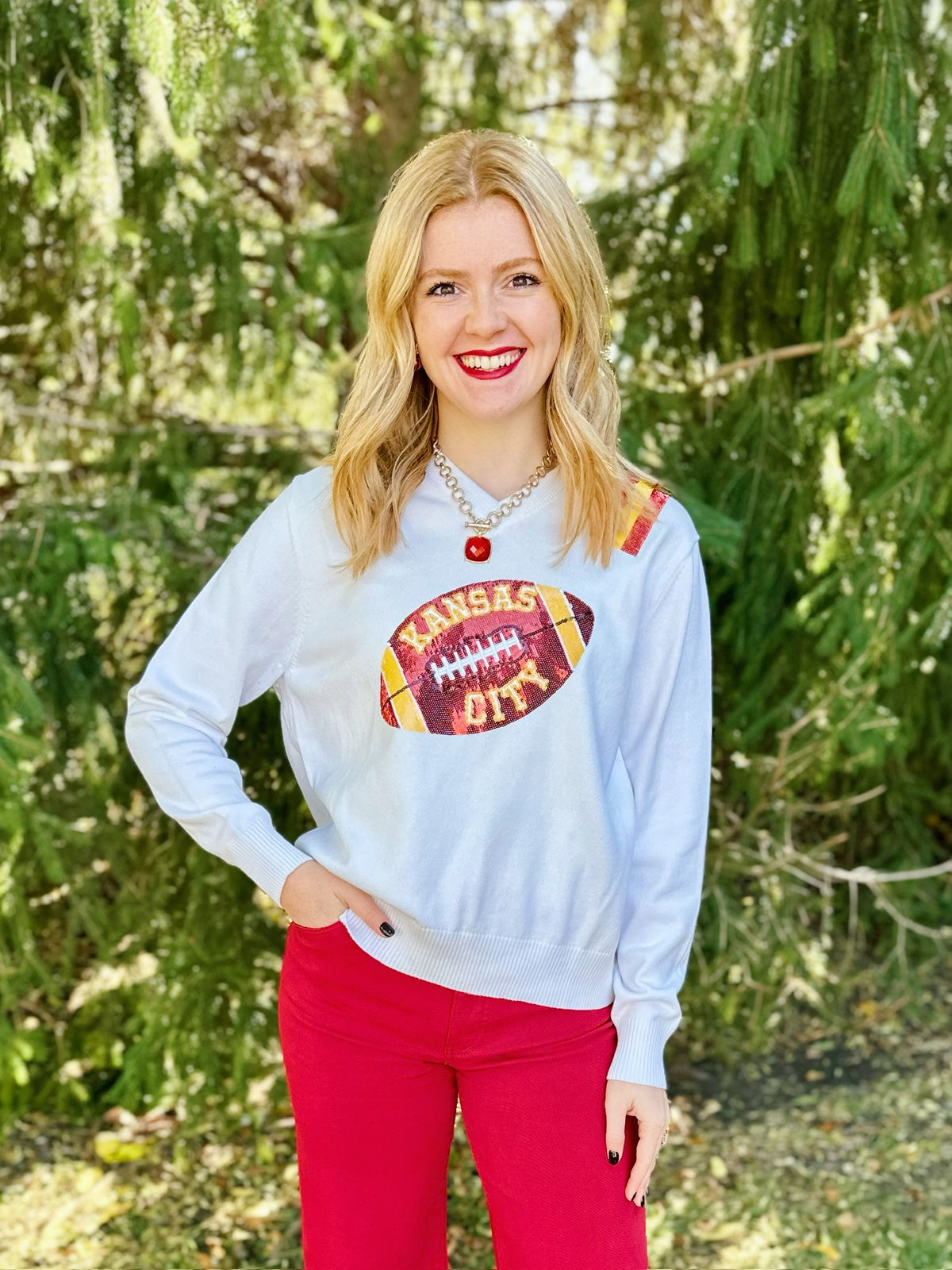 Kansas City Football V Neck Sweater - Queen of Sparkles x Amelia's Collab - Amelia's Boutique