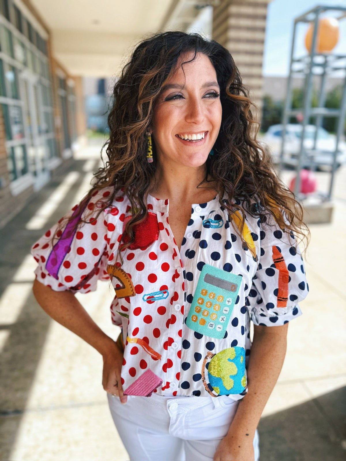 Queen of Sparkles Polka Dot Teacher Blouse with Buttons - Amelia's Boutique