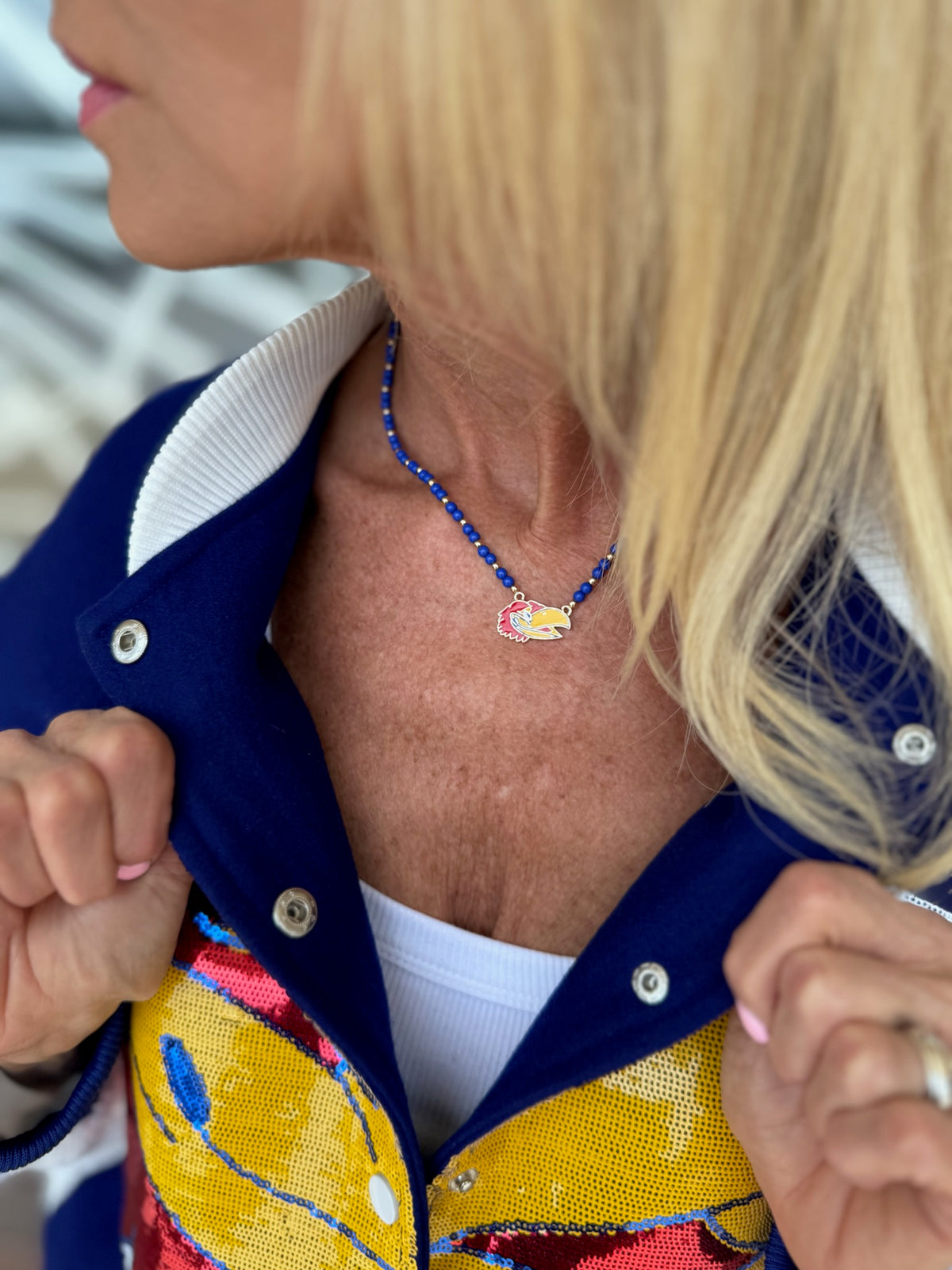 Queen of Sparkles KU (Kansas Univ.) Sequined Licensed Varsity Jacket - Amelia's Boutique