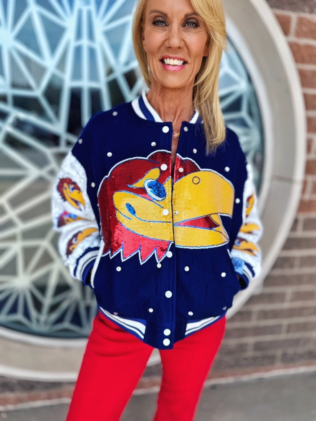 Queen of Sparkles KU (Kansas Univ.) Sequined Licensed Varsity Jacket - Amelia's Boutique