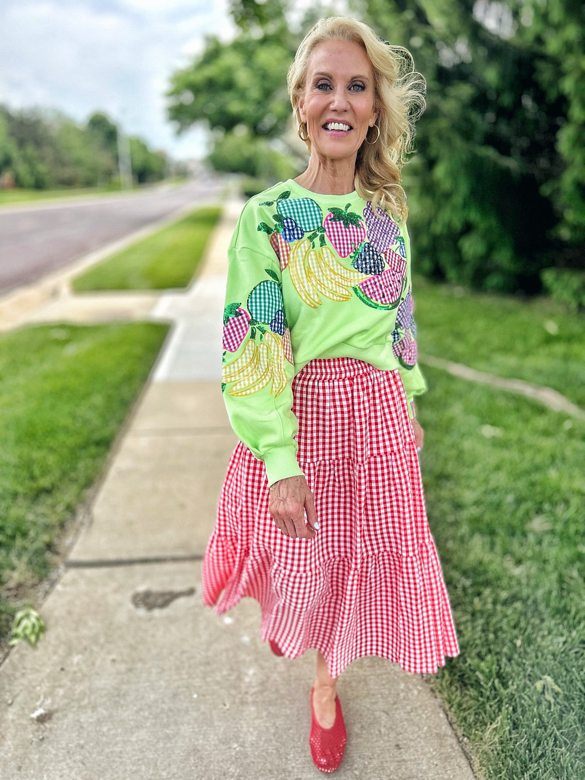 Queen of Sparkles Gingham Fruit Women’s Sweatshirt - Amelia's Boutique