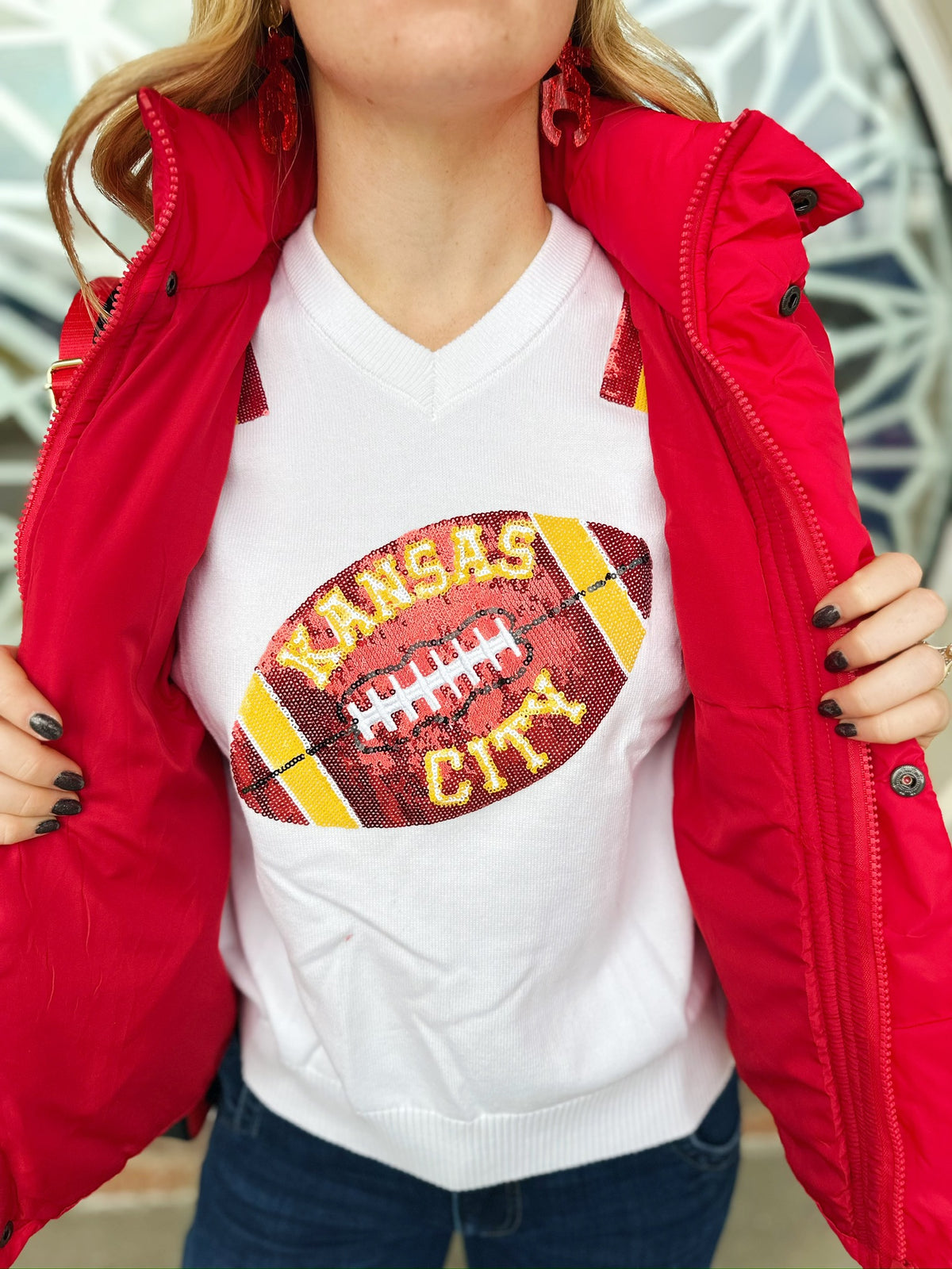 Kansas City Football V Neck Sweater - Queen of Sparkles x Amelia's Collab - Amelia's Boutique