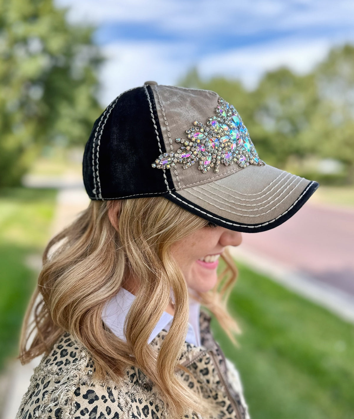 Jeweled Two-Tone Hat in Grey - Amelia's Boutique