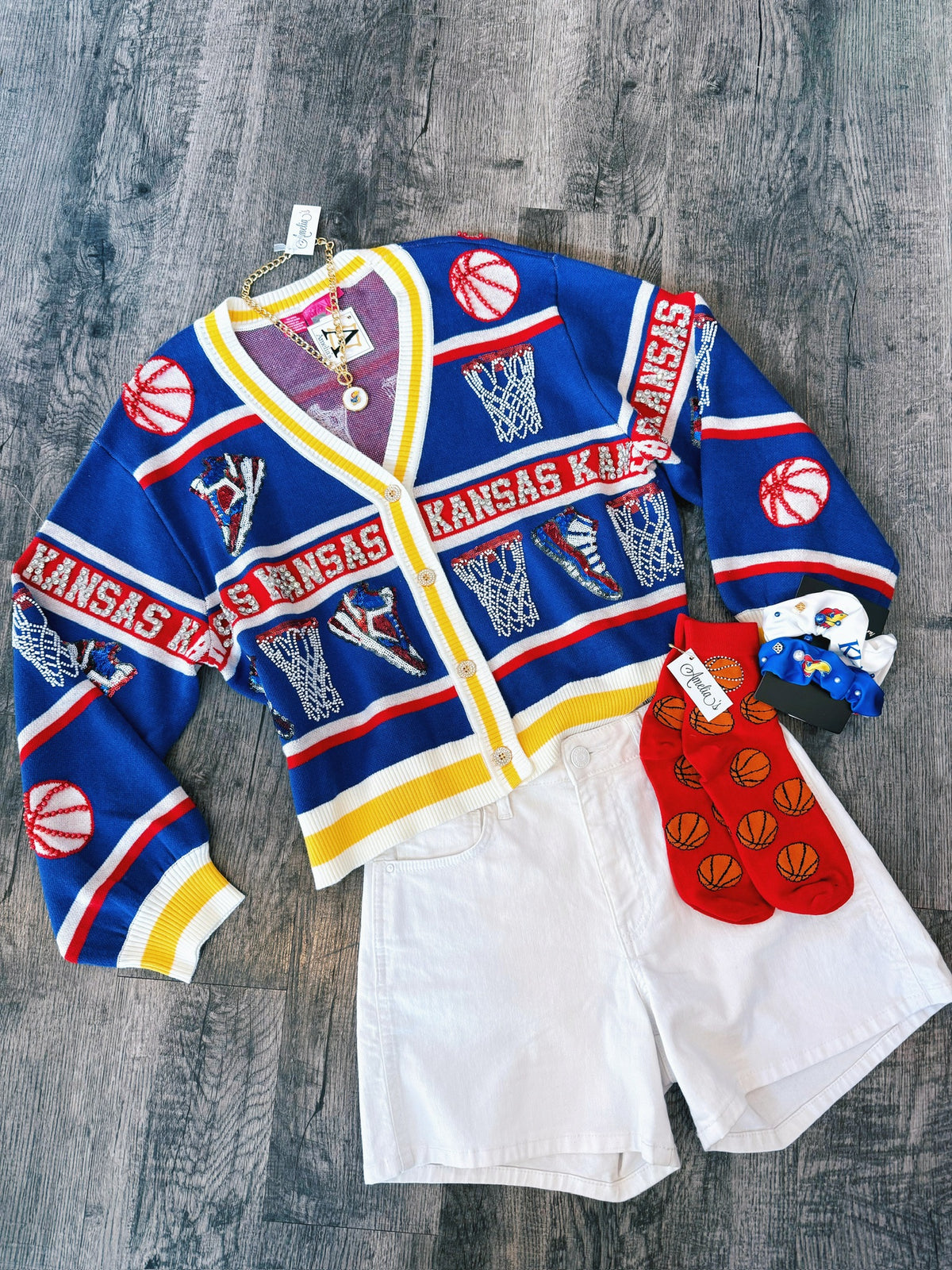 Queen of Sparkles KU Licensed Basketball Cardigan in Blue - Amelia's Boutique