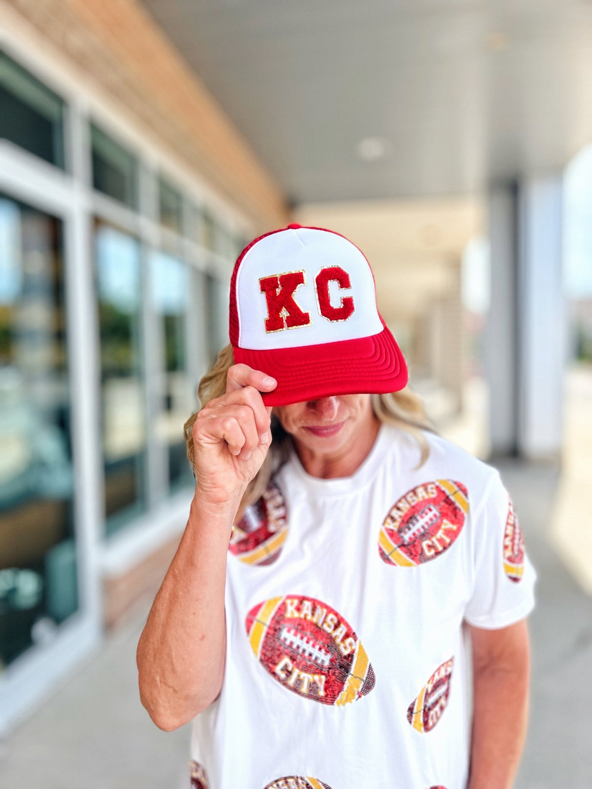 KC Trucker Hat with Varsity Block Patch Letter - Amelia's Boutique