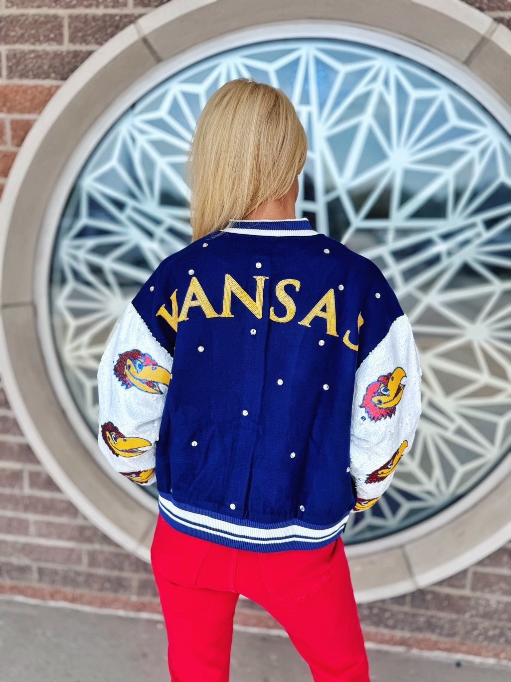 Queen of Sparkles KU (Kansas Univ.) Sequined Licensed Varsity Jacket - Amelia's Boutique