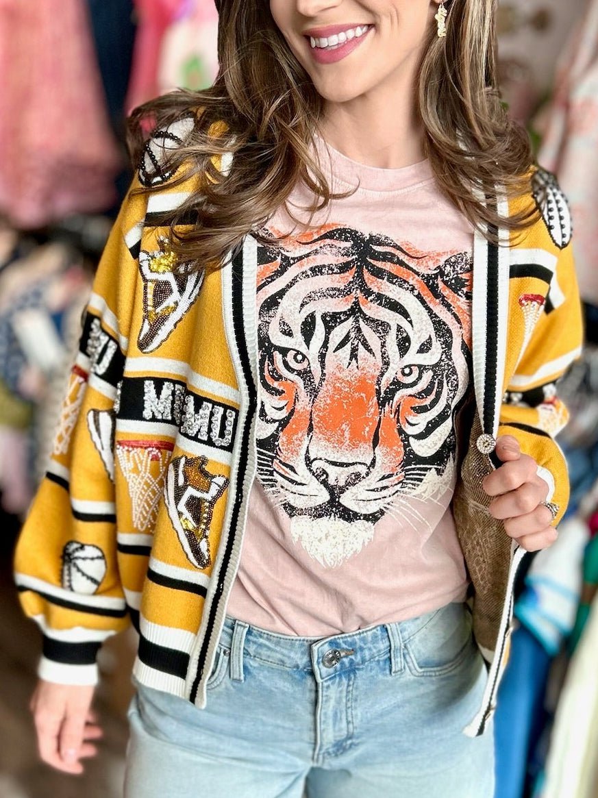 Queen of Sparkles Mizzou Licensed Basketball Cardigan in Gold - Amelia's Boutique