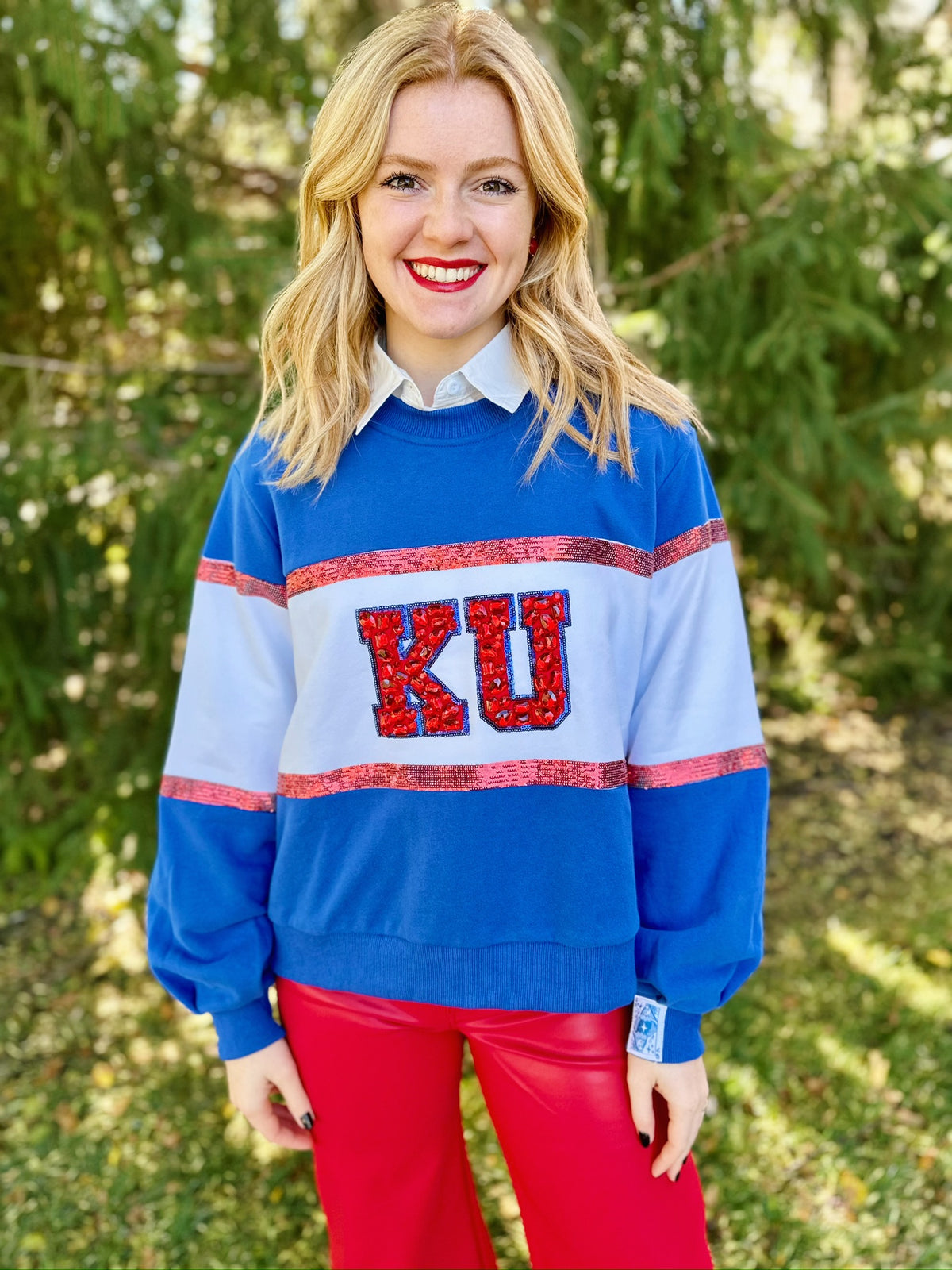 Queen of Sparkles KU Colorblock Sweatshirt - Amelia's Boutique