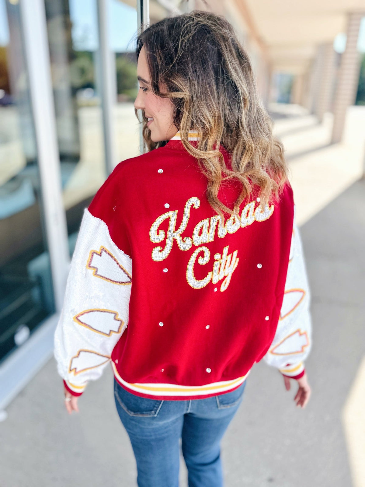 Queen of Sparkles x Amelia's Boutique Kansas City Varsity Bomber Jacket - Amelia's Boutique