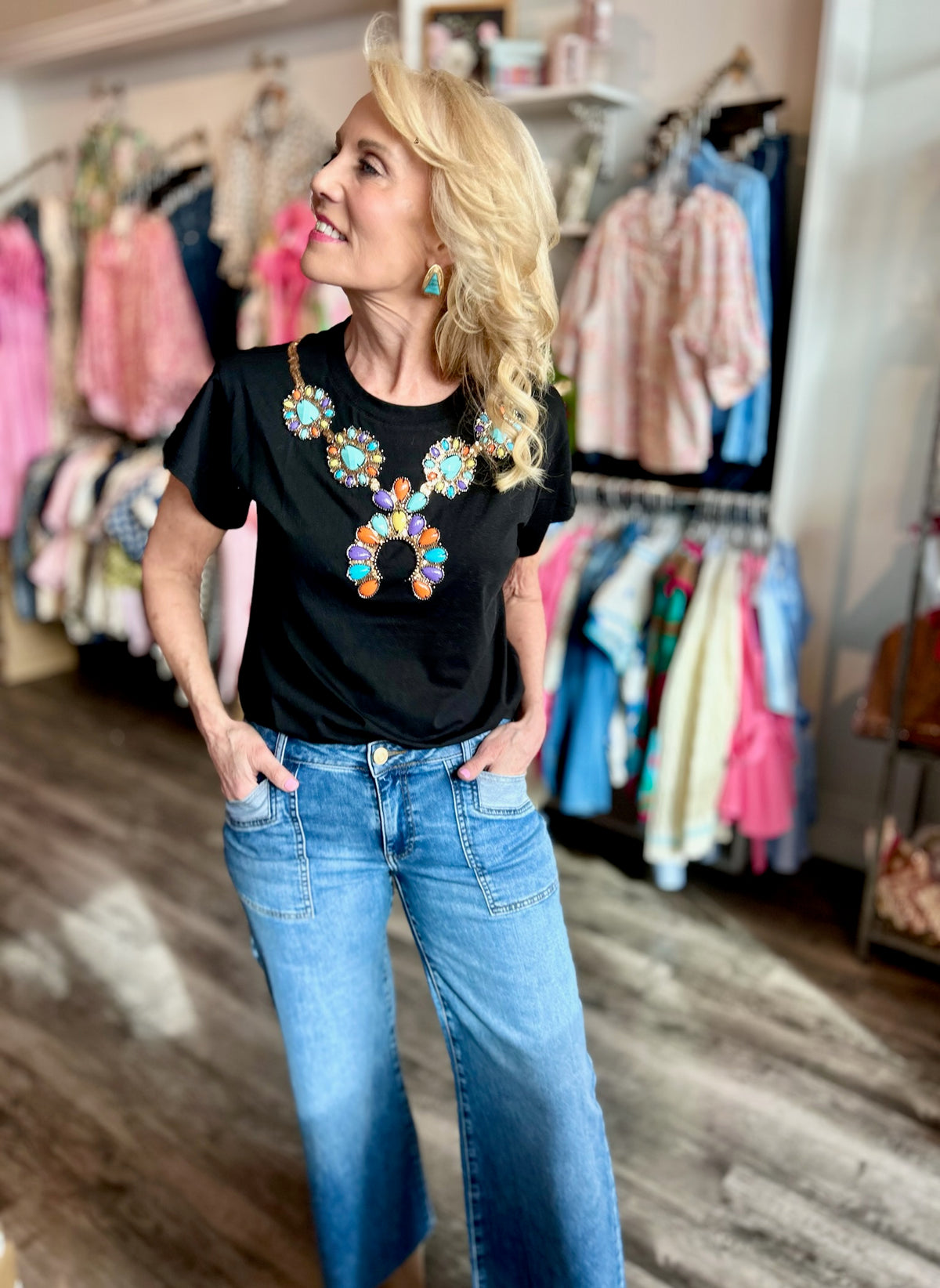 Queen of Sparkles Turquoise Necklace Tee - Amelia's Boutique