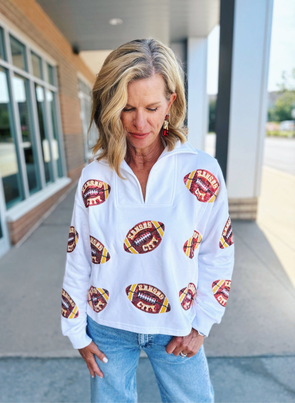 Scattered Kansas City Football Collared V Neck Sweatshirt - Queen of Sparkles x Amelia's Collab - Amelia's Boutique