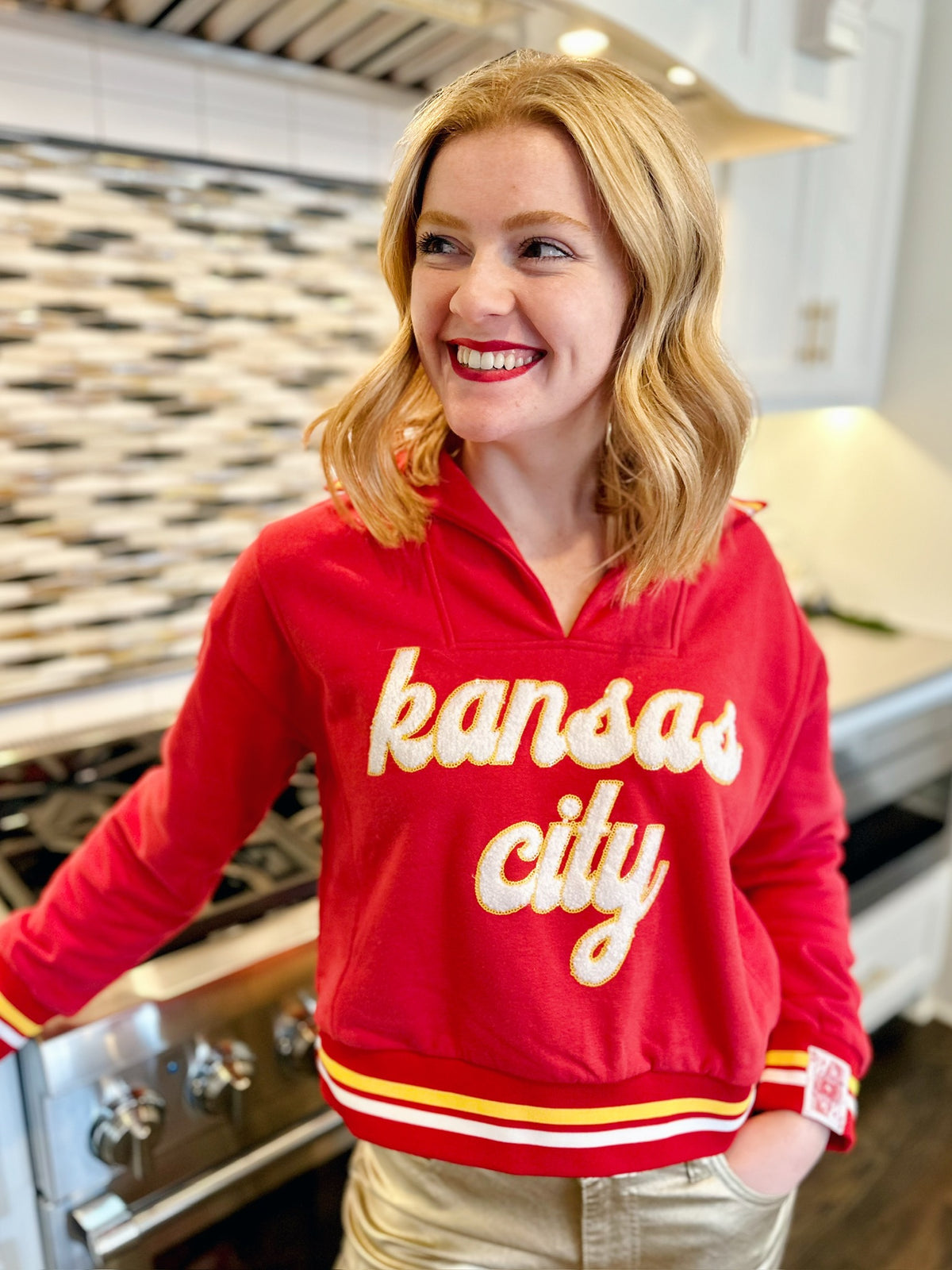 Queen of Sparkles X Amelia's Boutique - Fuzzy Kansas City Script Sweatshirt - Amelia's Boutique