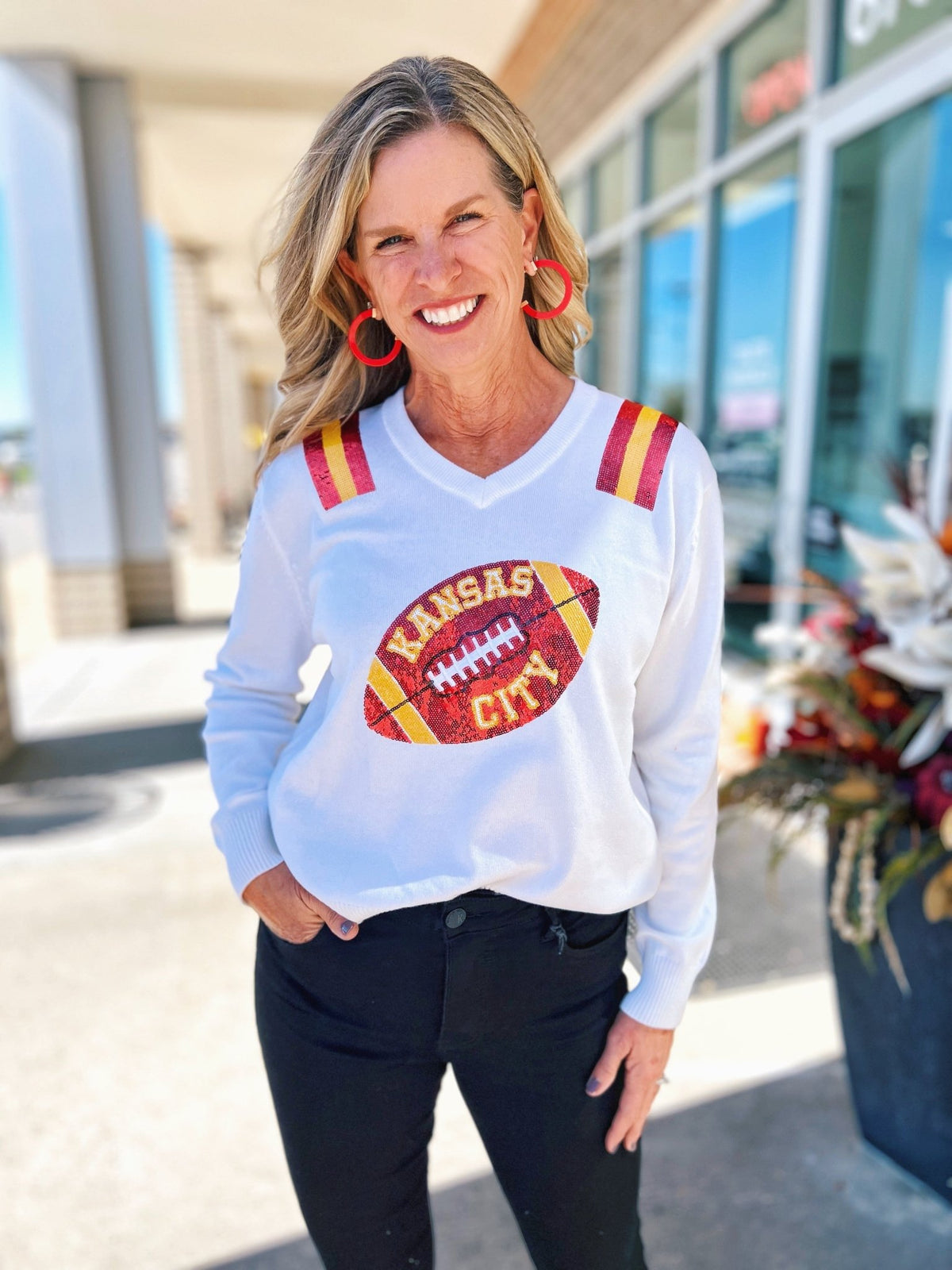 Kansas City Football V Neck Sweater - Queen of Sparkles x Amelia's Collab - Amelia's Boutique