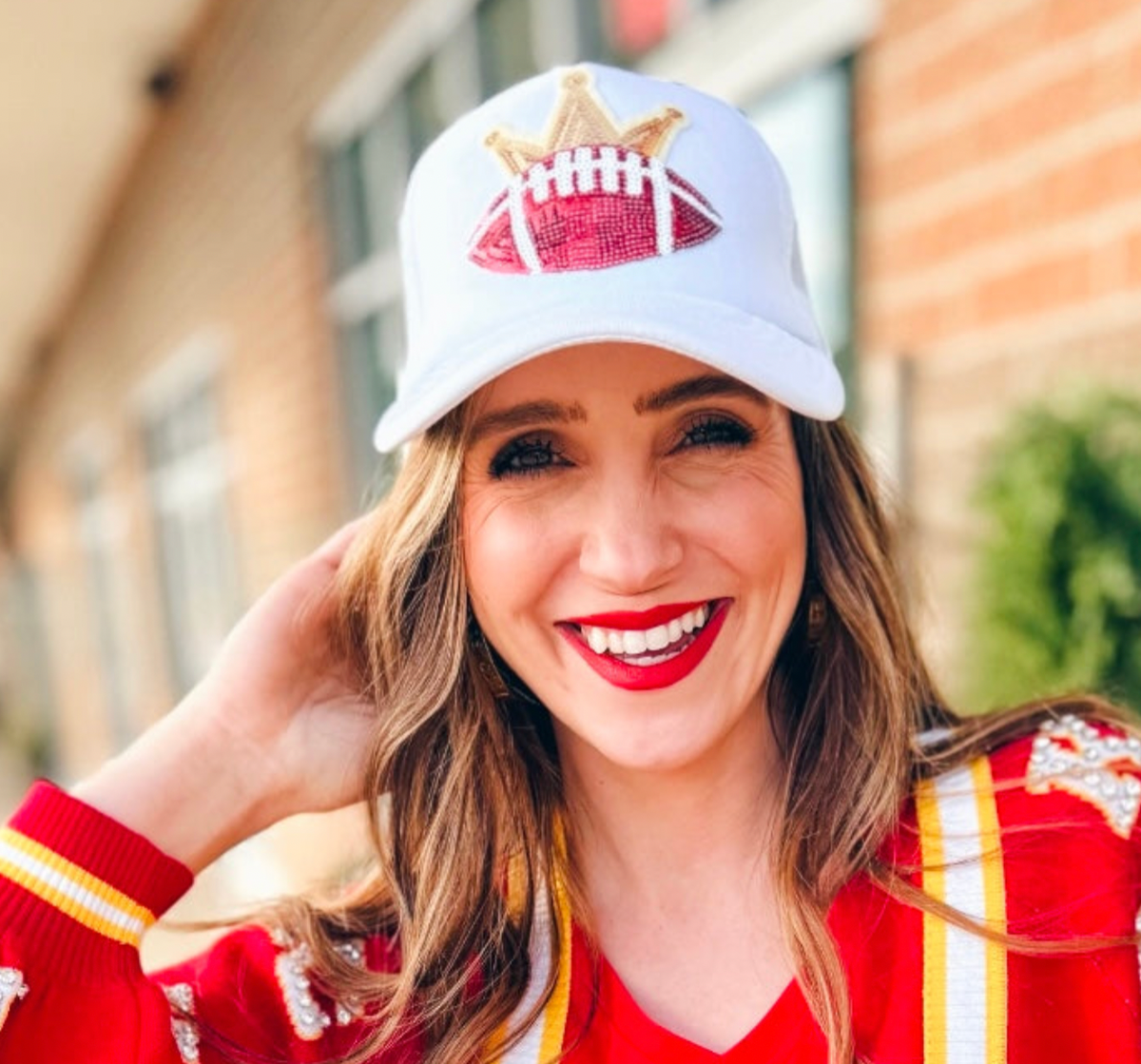 White Trucker Hat with Red Football and Crown - Amelia's Boutique