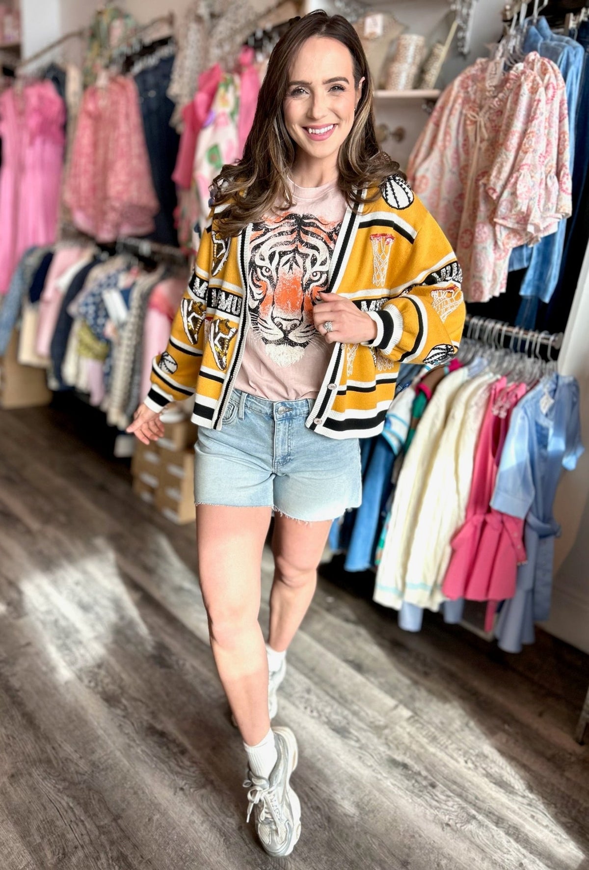 Queen of Sparkles Mizzou Licensed Basketball Cardigan in Gold - Amelia's Boutique