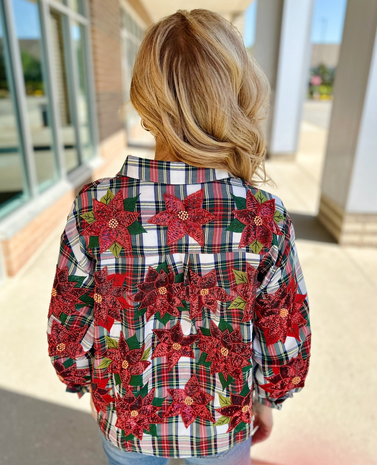 Queen of Sparkles Holiday Plaid and Poinsettia Button Up - Amelia's Boutique