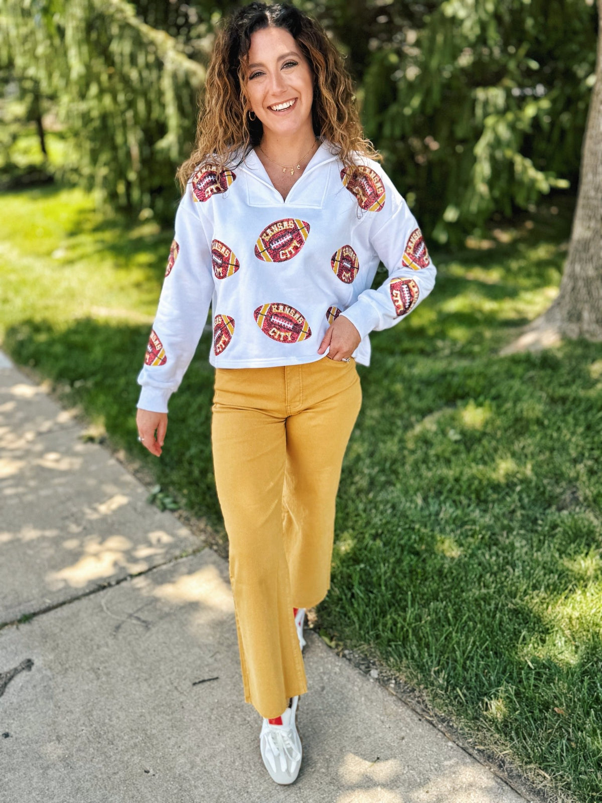 Scattered Kansas City Football Collared V Neck Sweatshirt - Queen of Sparkles x Amelia's Collab - Amelia's Boutique