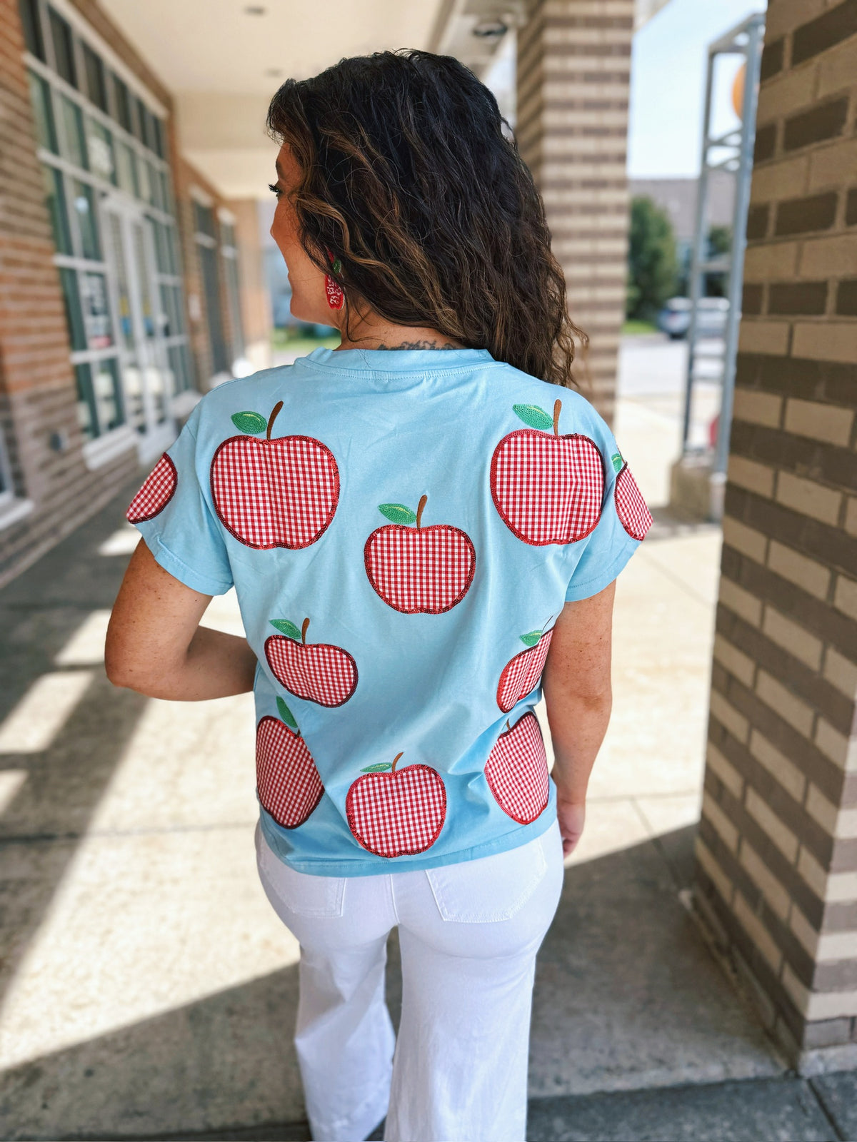 Queen of Sparkles Gingham Apple Women's Tee in Baby Blue - Amelia's Boutique