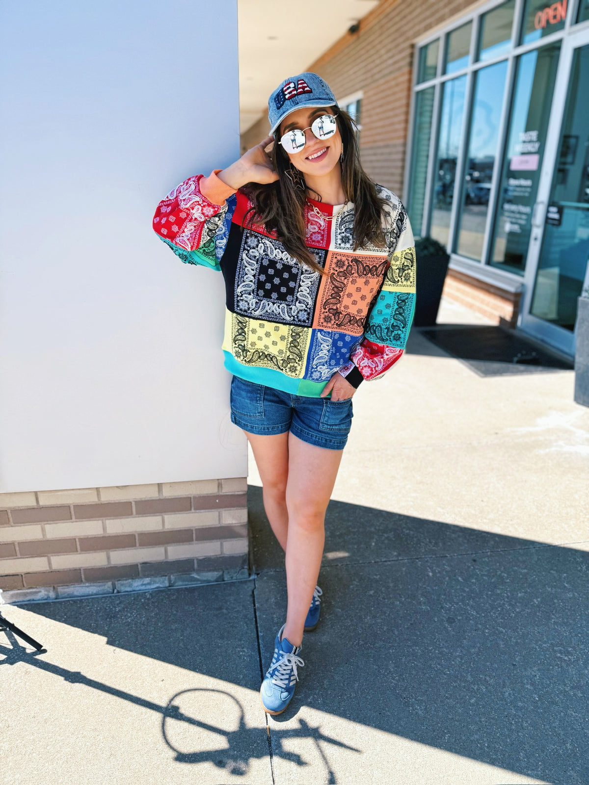 Queen of Sparkles Bandana Checkered & Beaded Women’s Sweatshirt - Amelia's Boutique