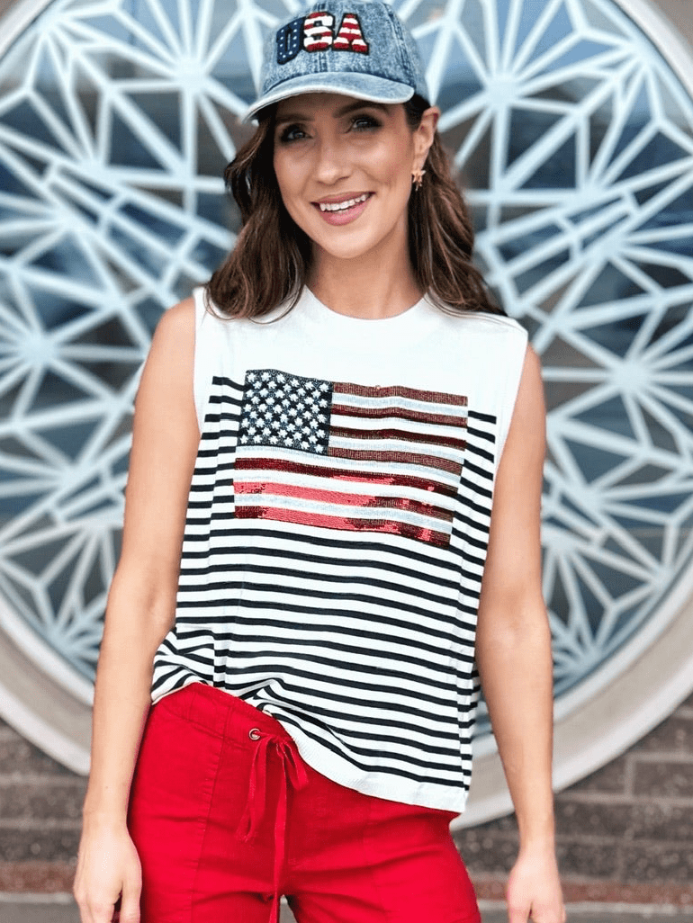 Women’s American Flag Knit Tank Queen of Sparkles - Amelia's Boutique
