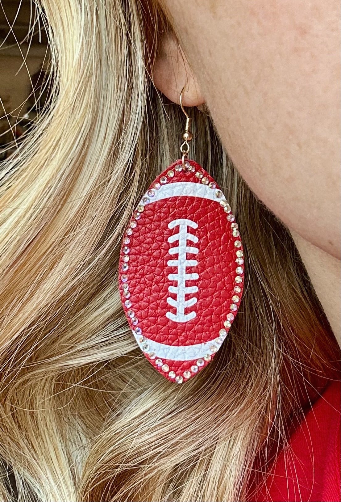 Red Leather and Rhinestone Football Earrings - Amelia's Boutique