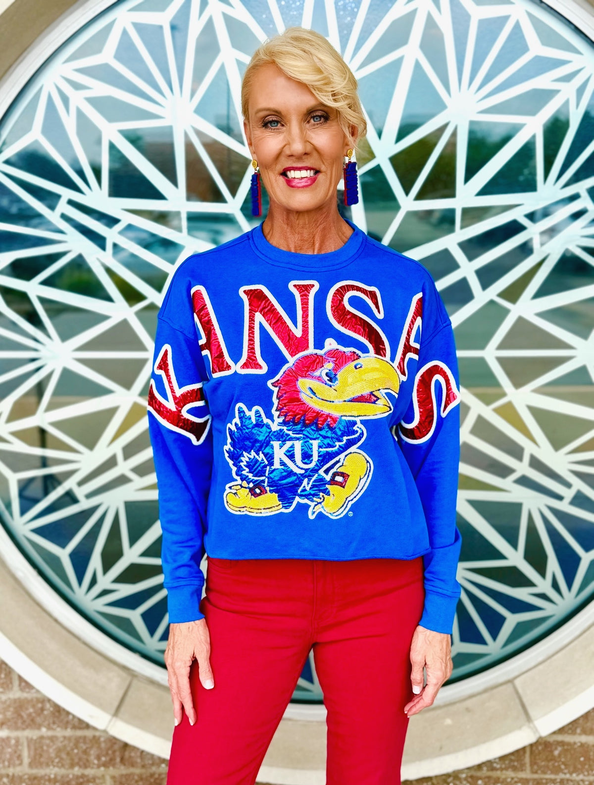 Licensed Kansas (KU) Metallic Foil & Sequin Sweatshirt - Amelia's Boutique