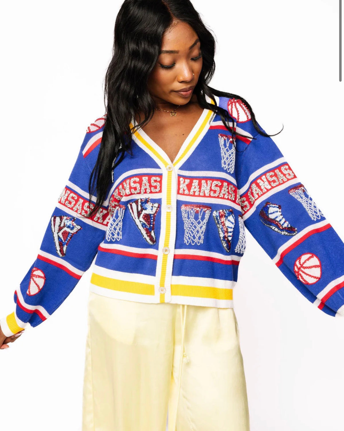 Queen of Sparkles KU Licensed Basketball Cardigan in Blue - Amelia's Boutique