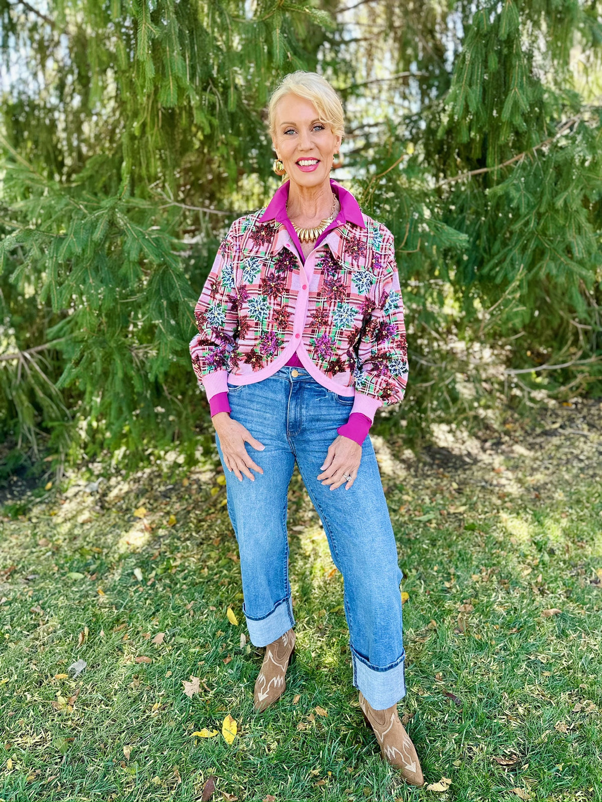 Queen of Sparkles Plaid Poinsettia Cardigan - Amelia's Boutique