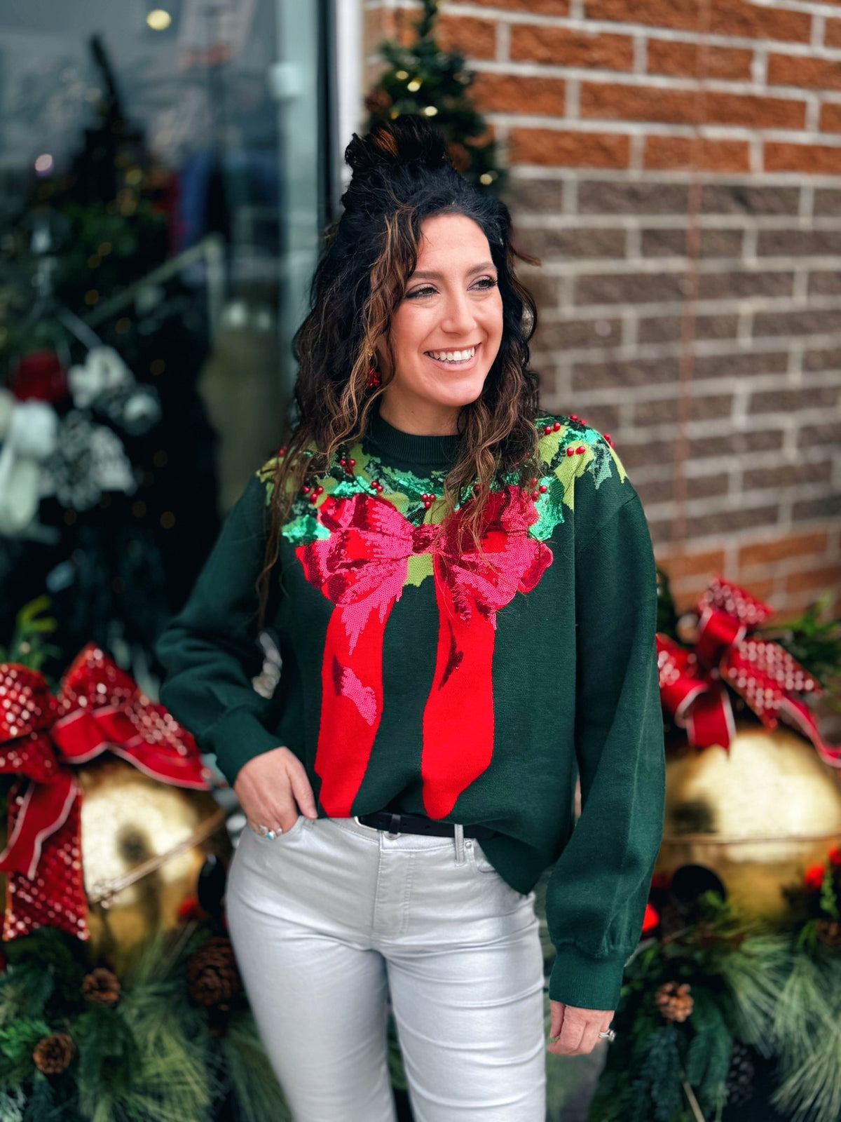 Christmas Wreath and Bow Sweater Queen of Sparkles - Amelia's Boutique