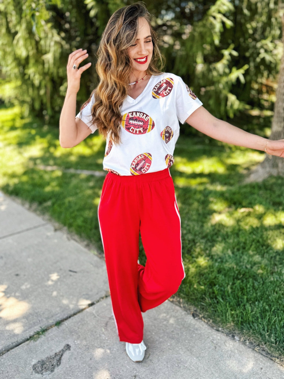 KC Scatter Football V Neck Tee - Queen of Sparkles x Amelia's Collab - Amelia's Boutique
