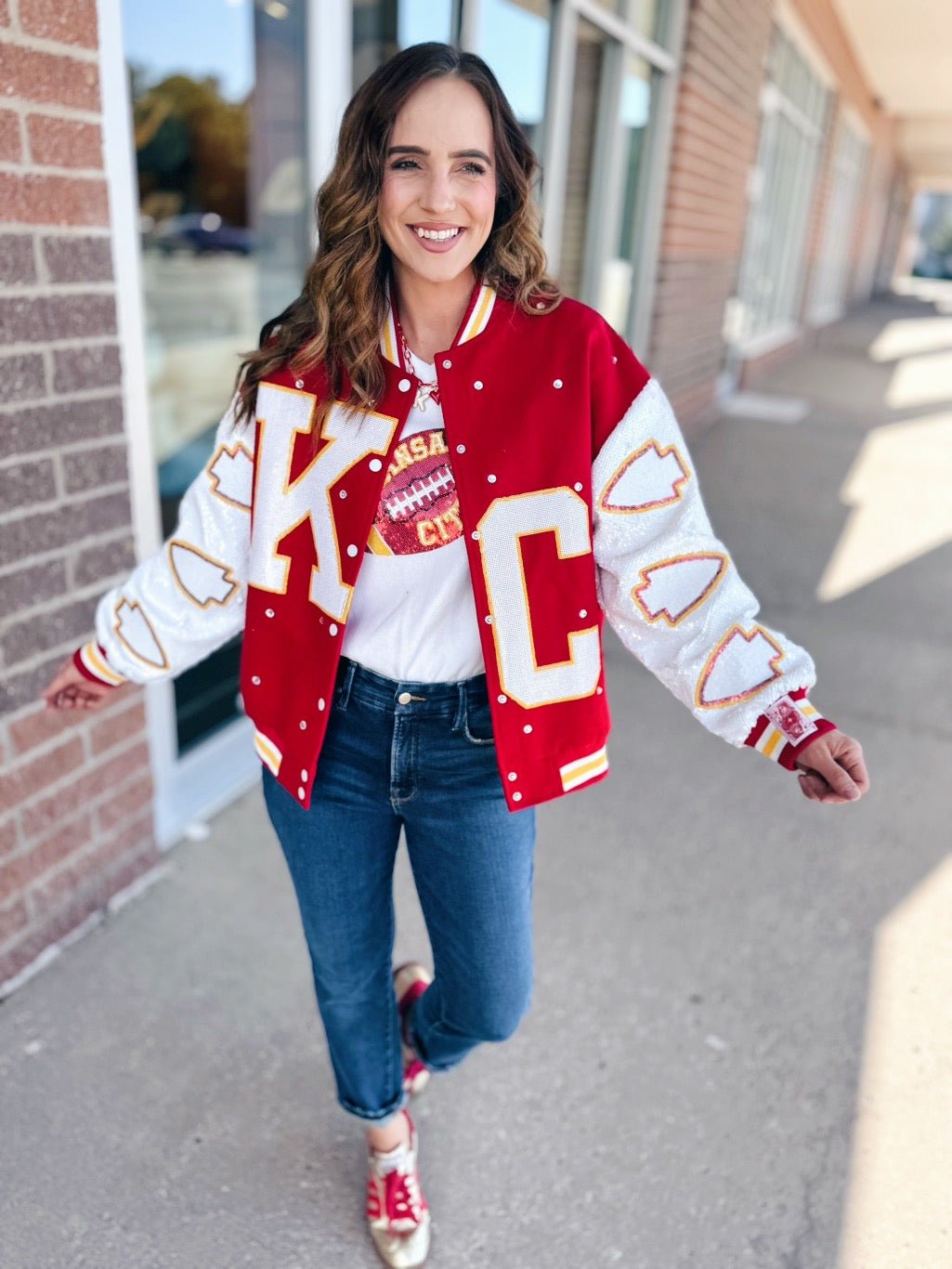 Queen of Sparkles x Amelia's Boutique Kansas City Varsity Bomber Jacket - Amelia's Boutique