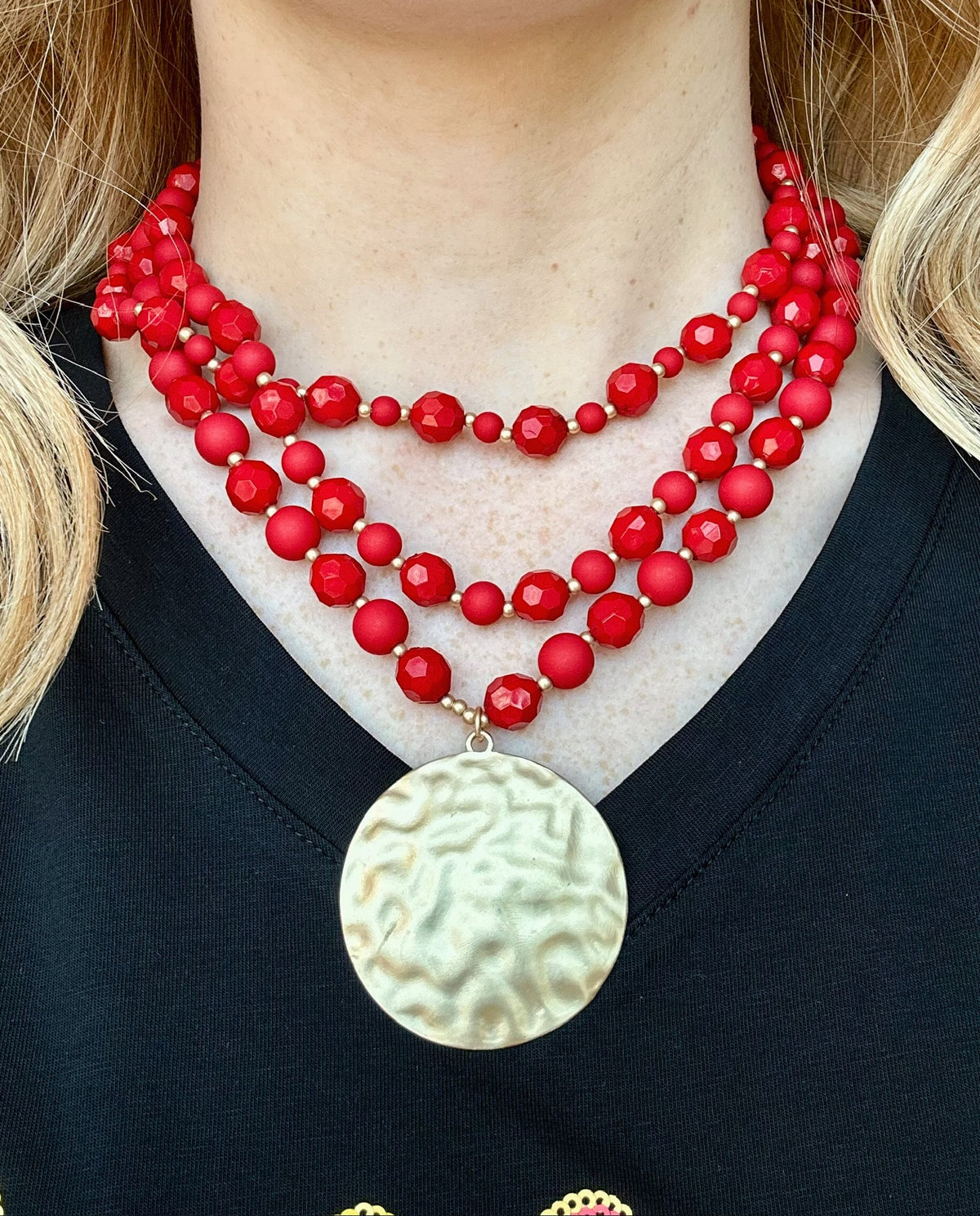 Red Multi Strand Beaded Necklace with Gold Medallion - Amelia's Boutique