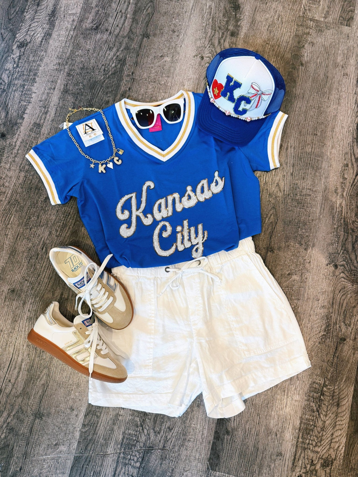 Queen of Sparkles Custom Kansas City Script Tee in Blue - Amelia's Boutique